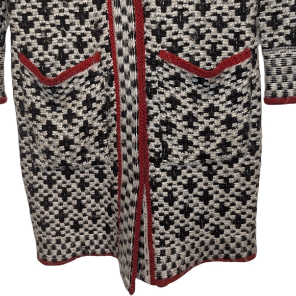 Chicos Black White Knit Duster Coatigan Red Trim Fall Winter Wool Blend Sz 1 M 8 - Picture 4 of 8